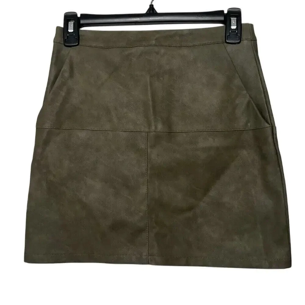 Shinestar Mini Skirt, Women's S OliveGreen Faux Leather Pockets 55%Viscose Lined